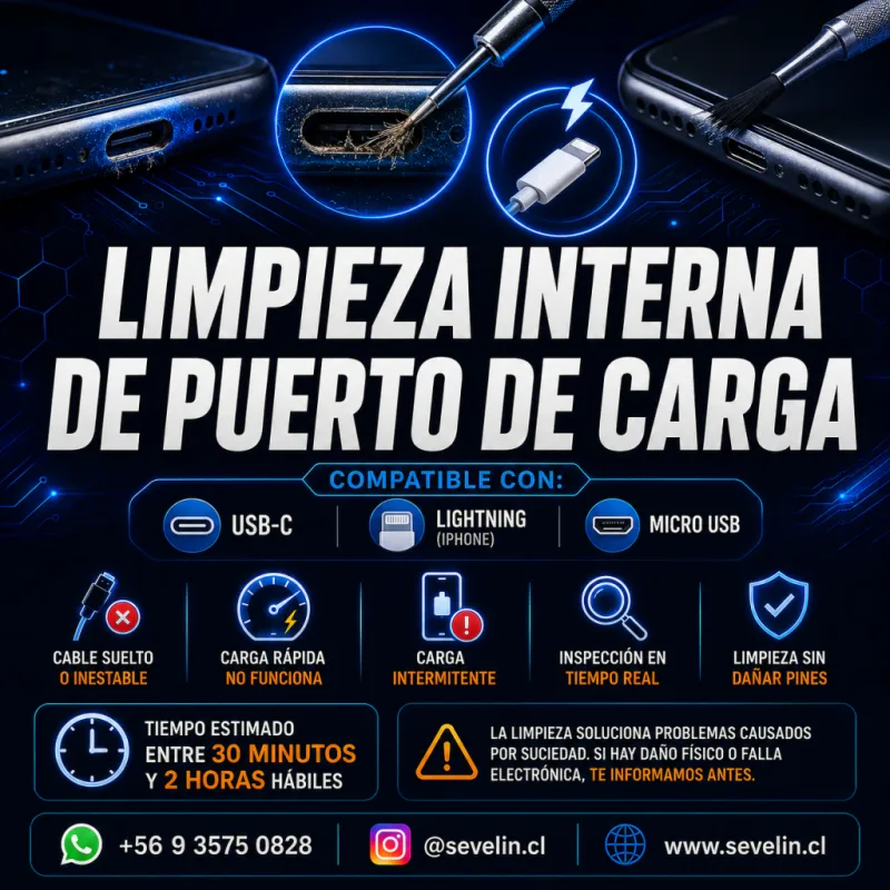 Limpieza Interna de Puerto de Carga USB-C / Lightning (iPhone) / Micro USB — Servicios Técnicos, Sevelin Arica