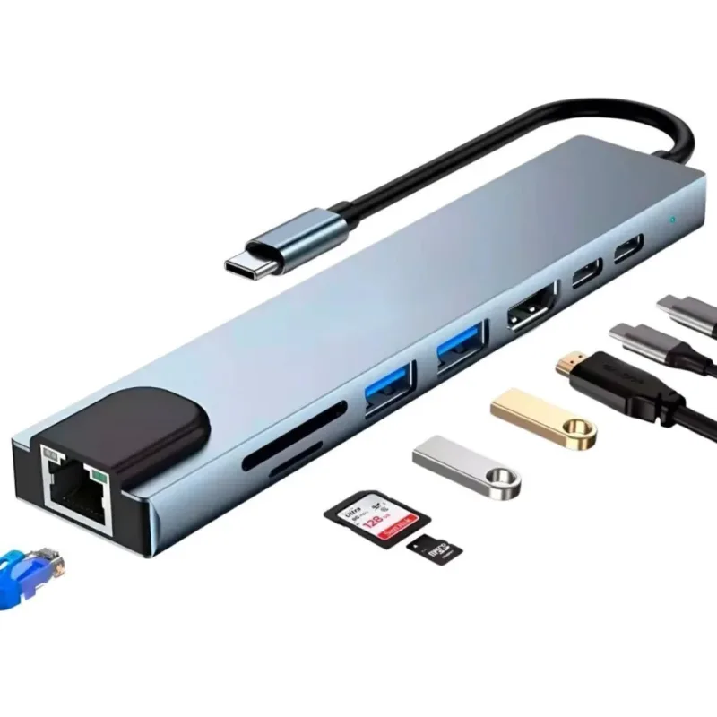 Hub Adaptador USB Tipo C 8 en 1 — HDMI 4K + RJ45 + USB + SD — Cables y Adaptadores, Sevelin Arica